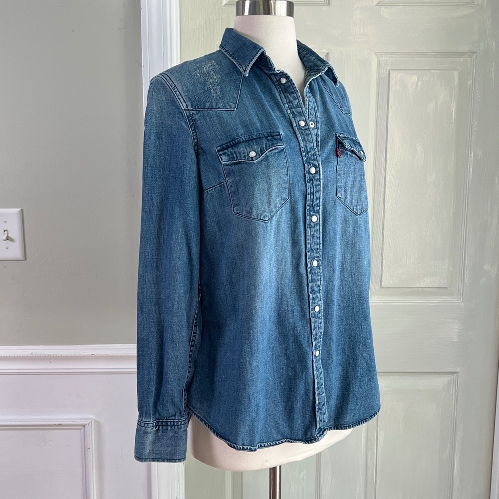Levis Western Shirt L Womens Embroidered Back Pearl Snap Blue Denim Cowgirl